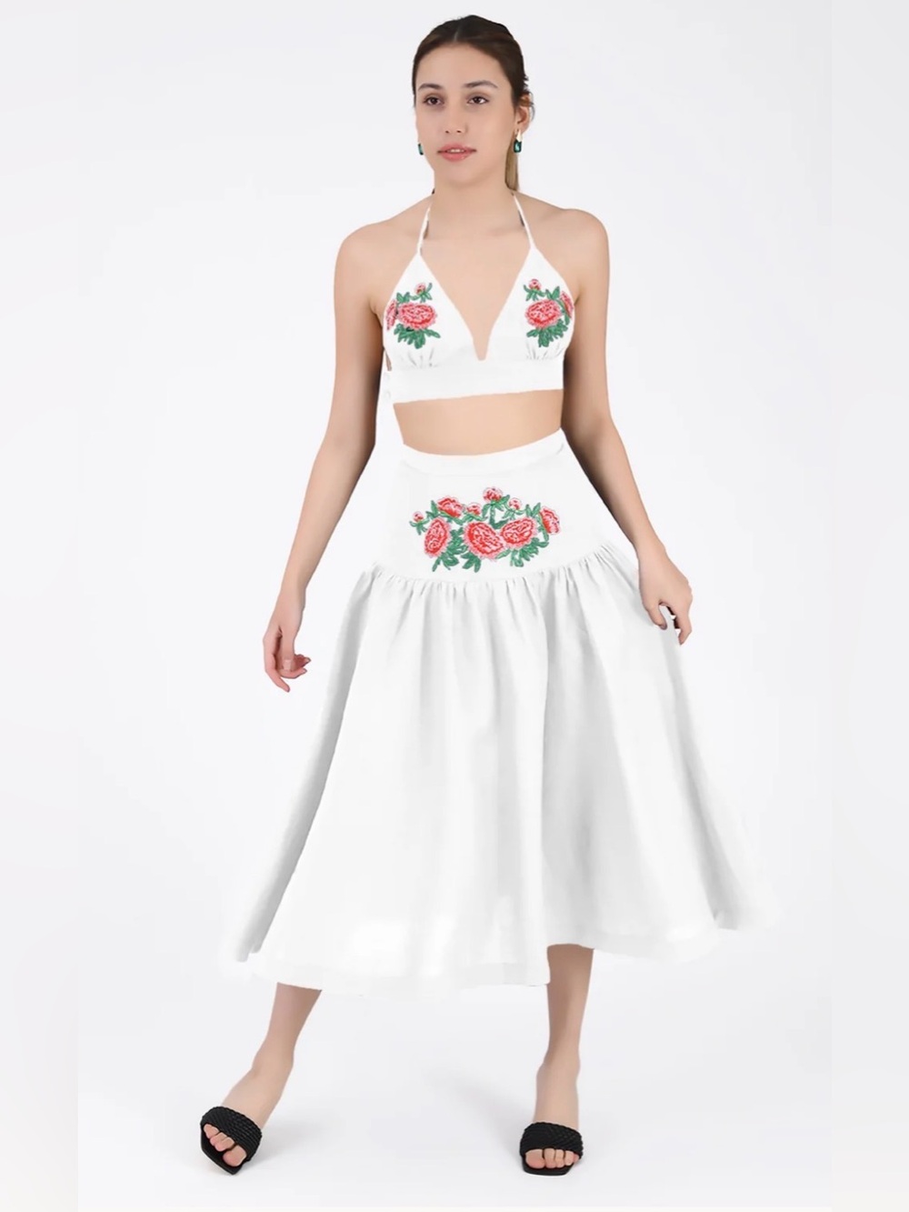 Fanm Mon White Crop Halter Top with Pink Rose Embroidery